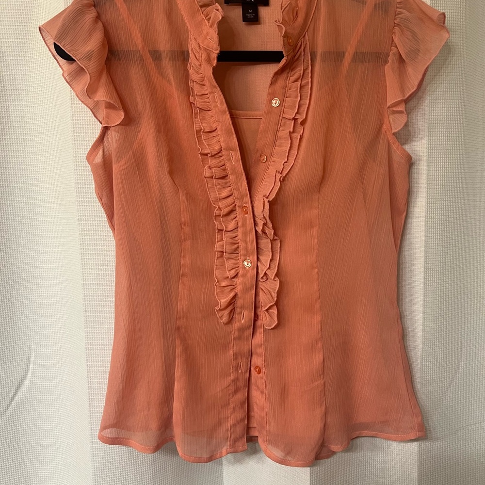 BCX Orange and Pink Flutter Sleeve Ruffled Blouse sheer layering